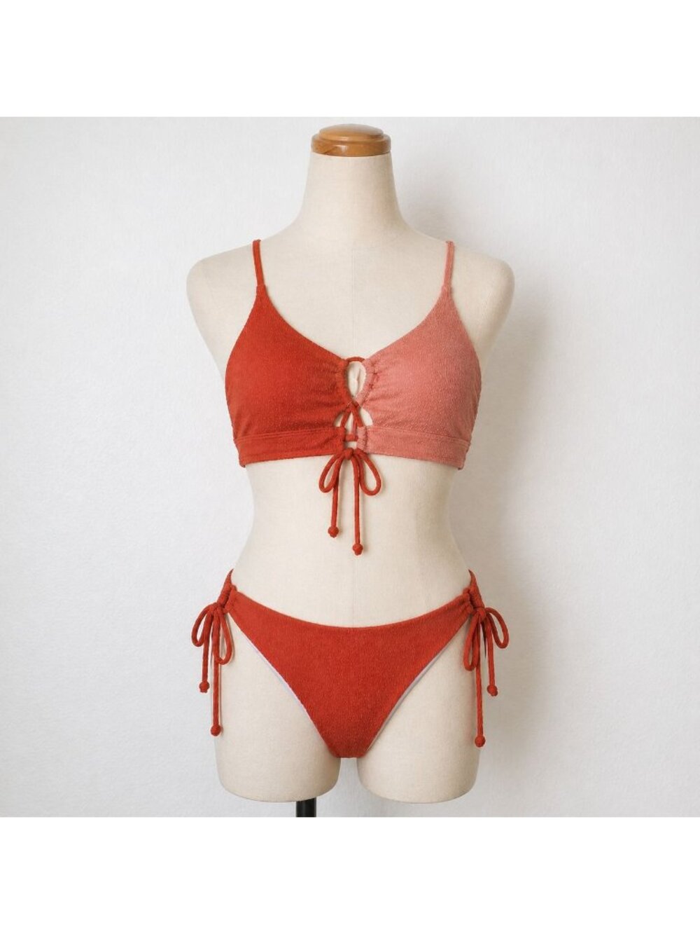 B2prity Two-Tone Lace-Up Bikini Set In Coral & Pink Size M